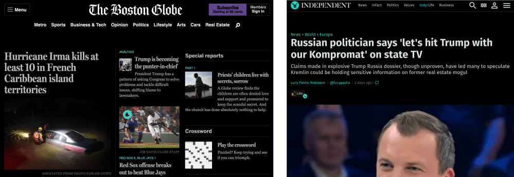 The Boston Globe and The Independent, mostly in black with light text