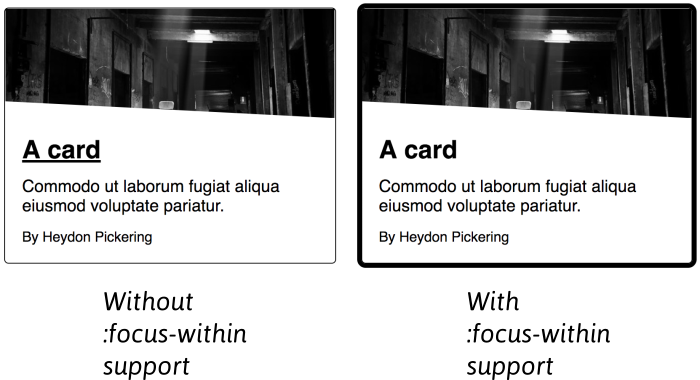 The left card shows the fallback text decoration focus state. The right card shows the focus-within style to match the hover style