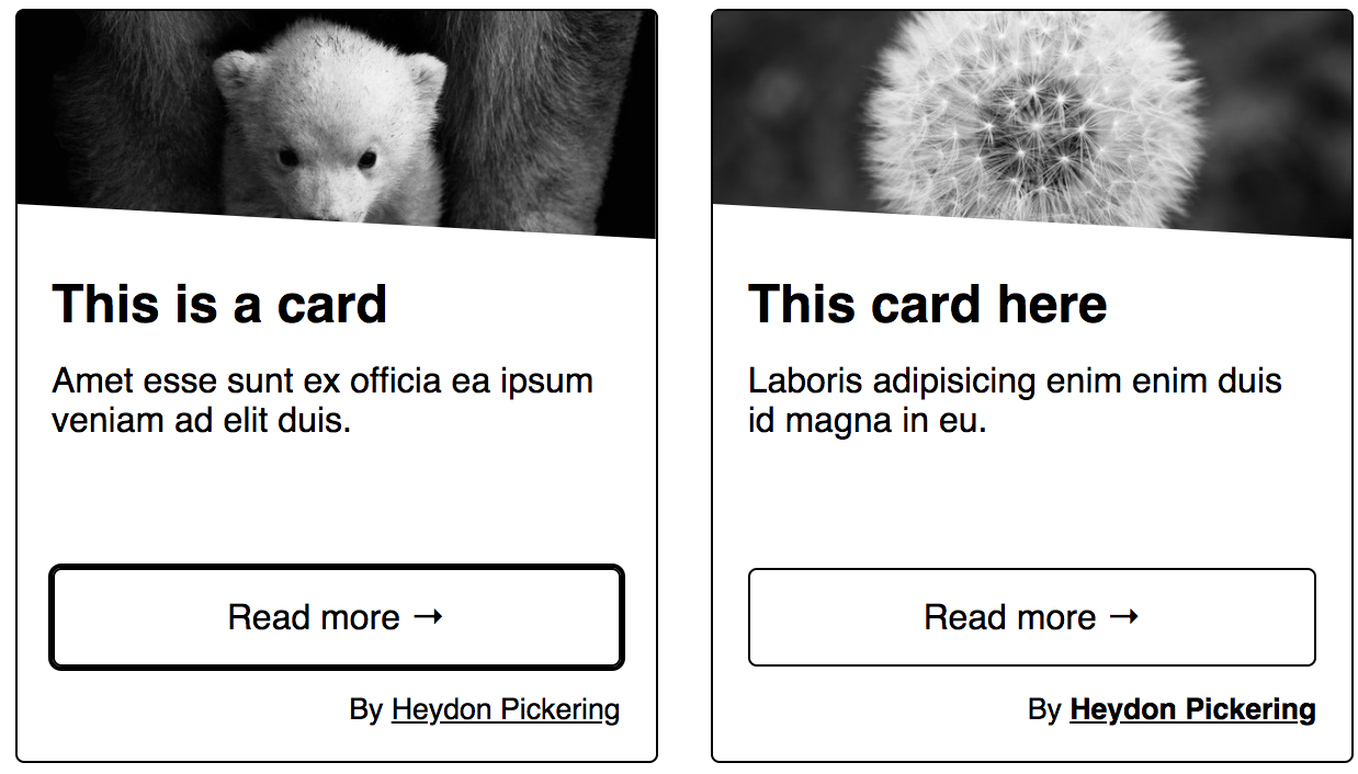 The left card shows to call to action focus style and the right card shows the author link focus style