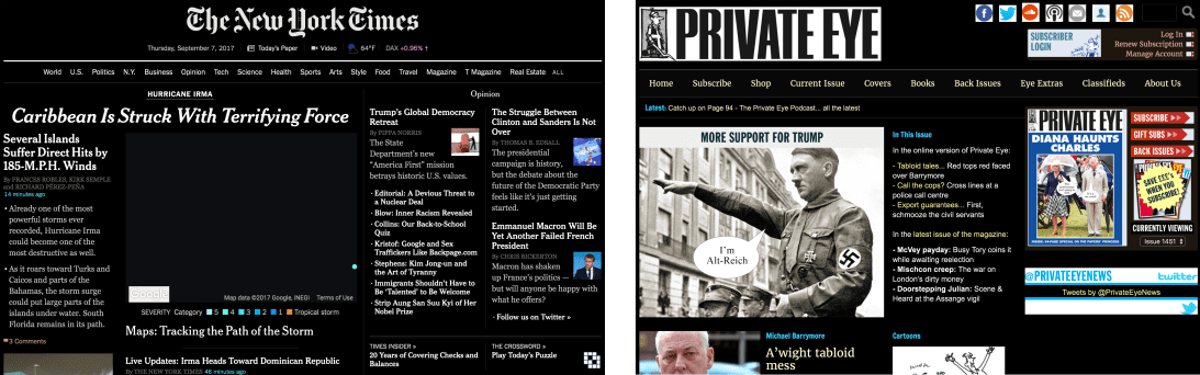 The New York Times and Private Eye, mostly in black with white text